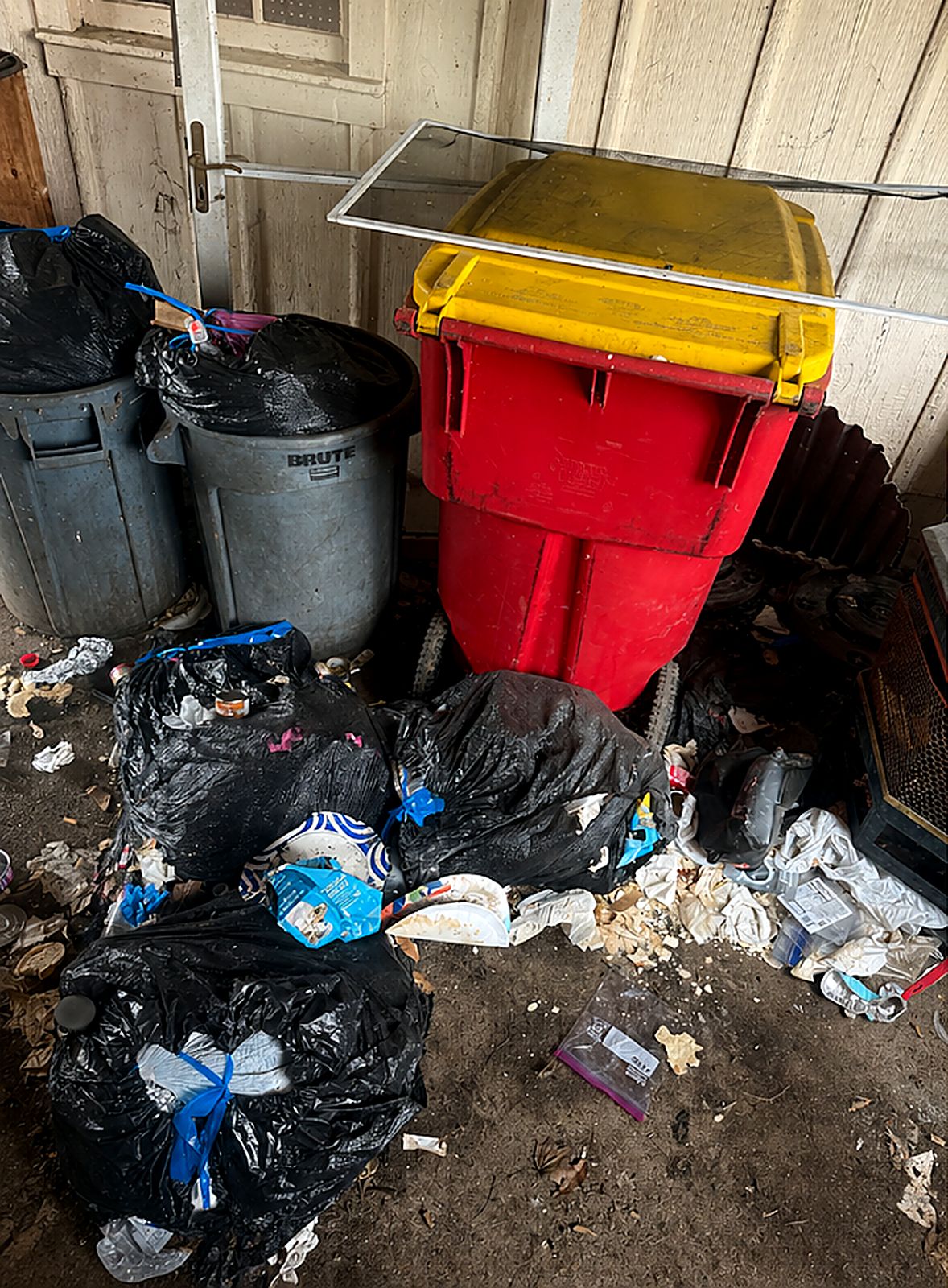 Before: barn corner with overflowing bins and bags, cleared and swept