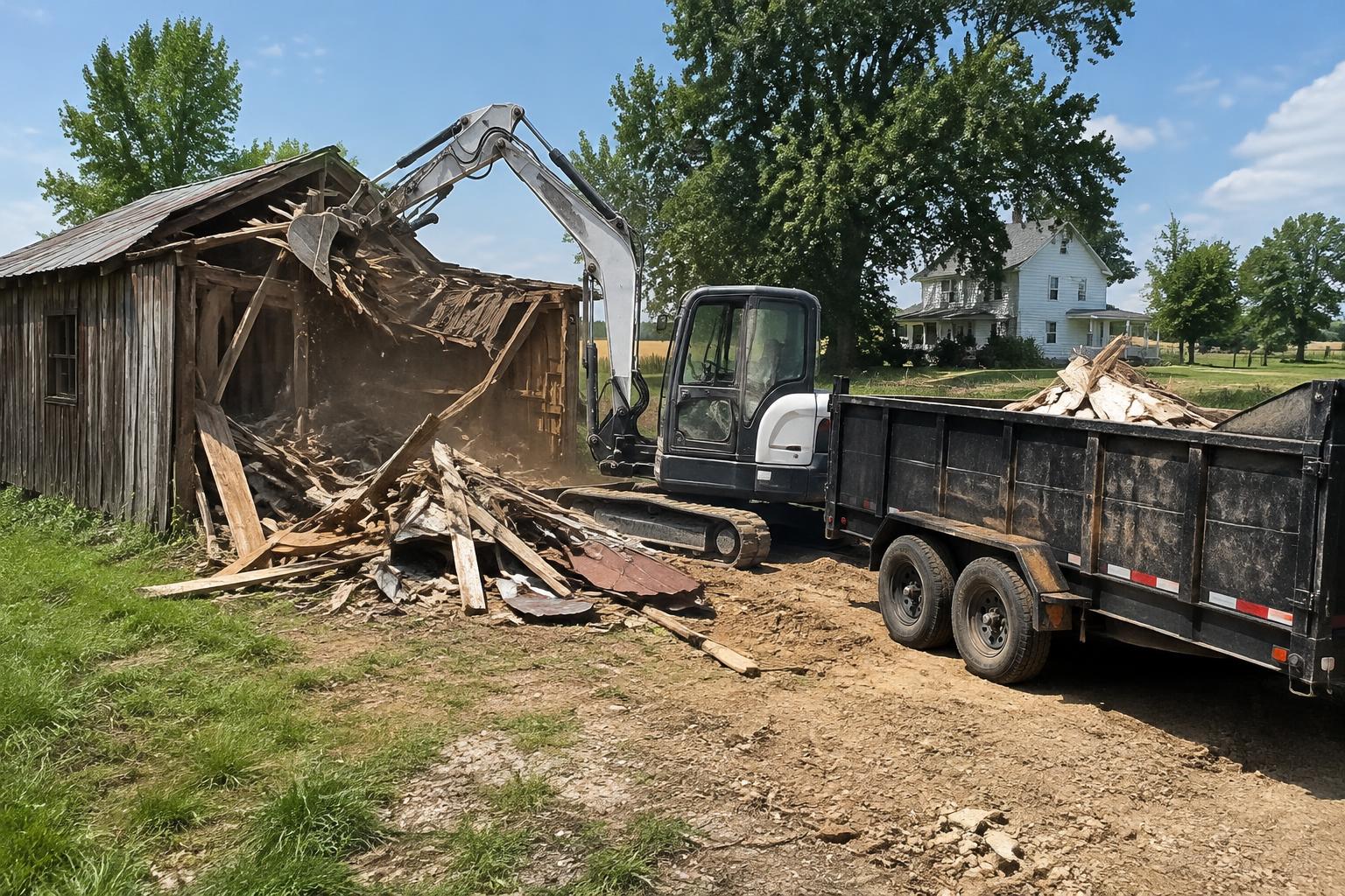 Excavator tearing down an old wooden structure and loading the debris into a dump trailer